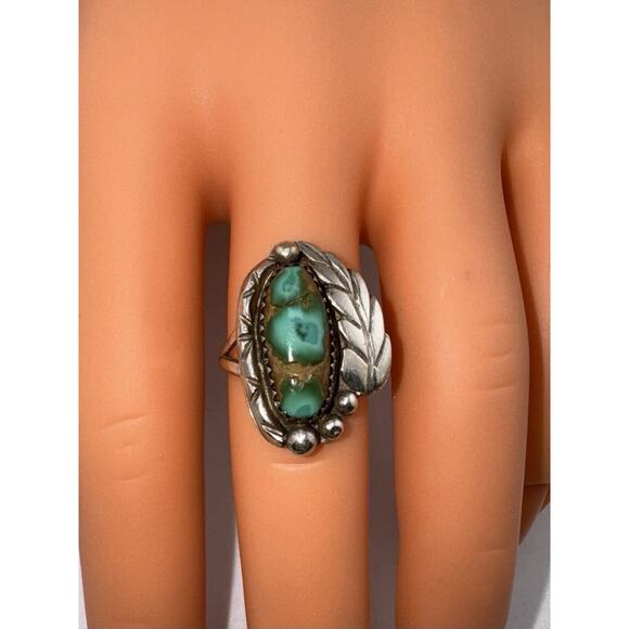 Vintage Betty Thomas Sanel Navajo Sterling Silver 925 Turquoise Leaf Ring - Picture 4 of 8